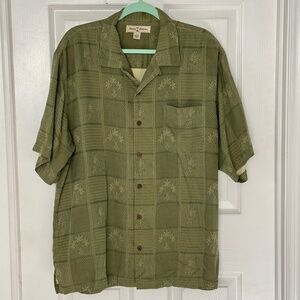 Tommy Bahama Silk Shirt Men's L Olive Green Palm Trees Pineapples Button Down